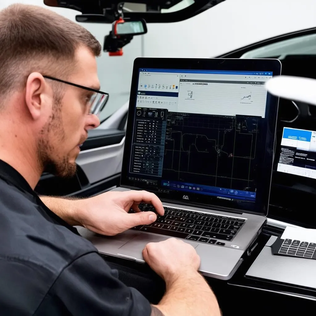 mécanicien utilisant un ordinateur portable pour diagnostiquer une voiture