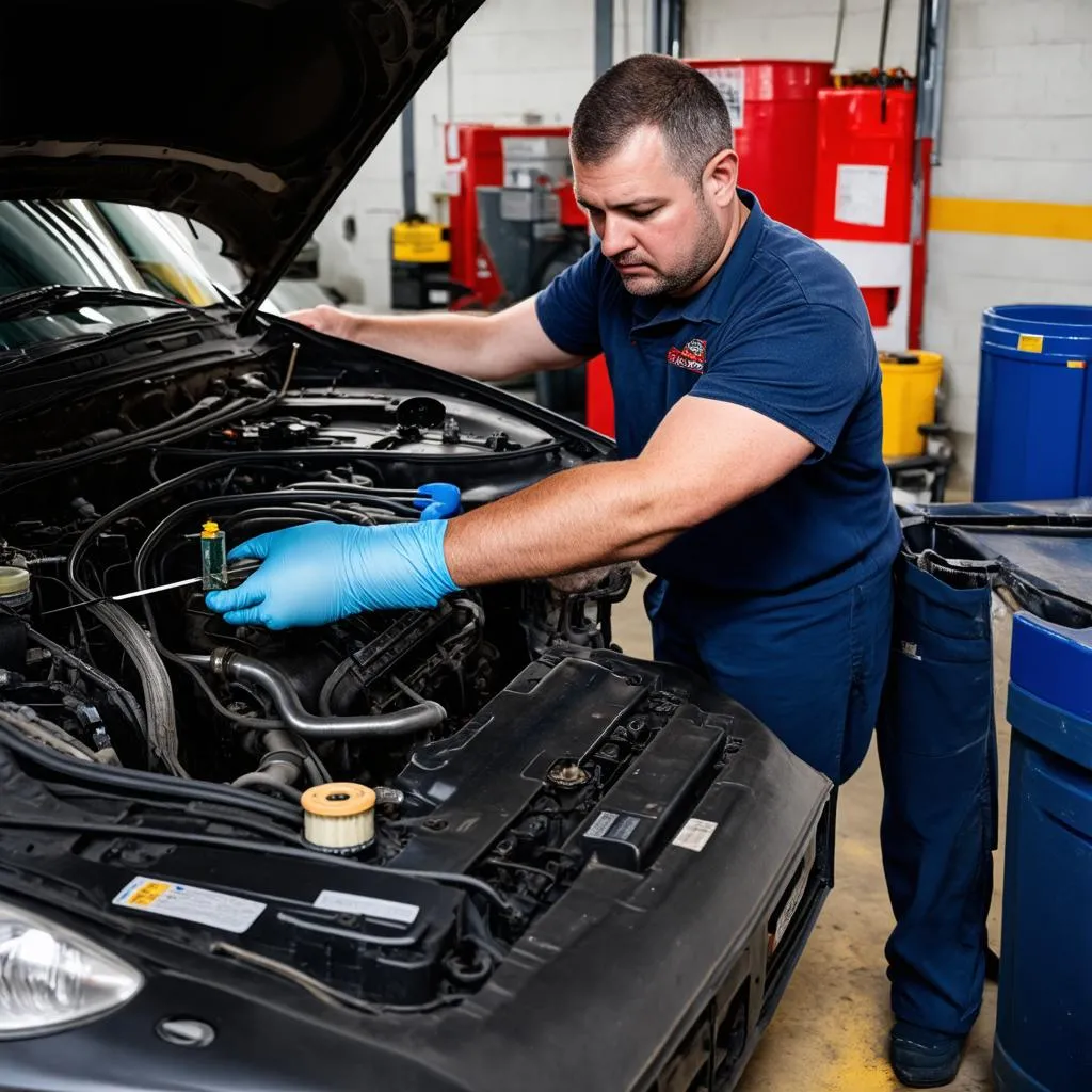 Mécanicien vérifiant le moteur d'une voiture