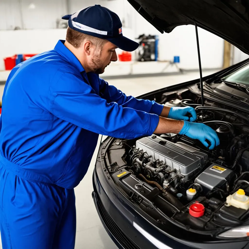 Mécanicien vérifiant le moteur d'une voiture