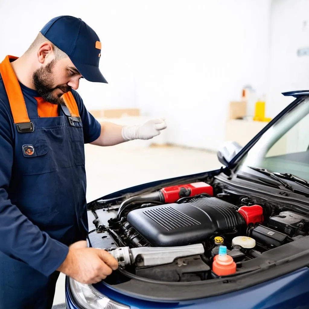 Mécanicien vérifiant le moteur d'une voiture