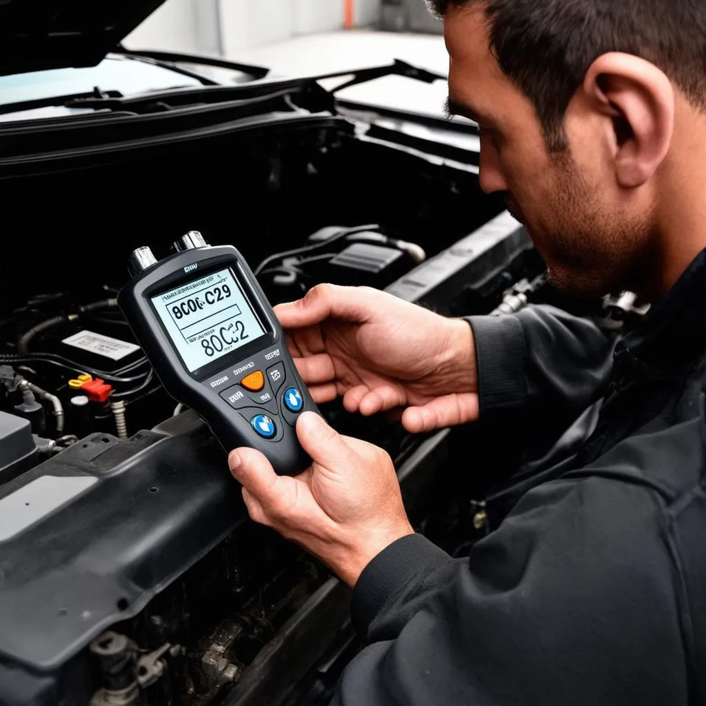 Mechanic Diagnosing Car Issue with Scanner