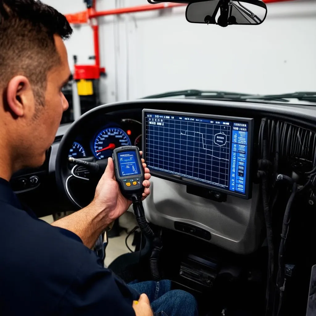 Mécanicien diagnostiquant une voiture avec un scanner