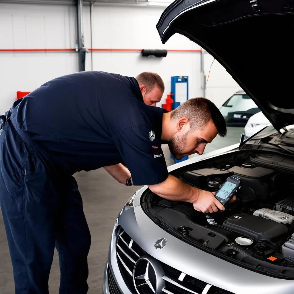 Mechanic Using Dealer Scanner on Mercedes