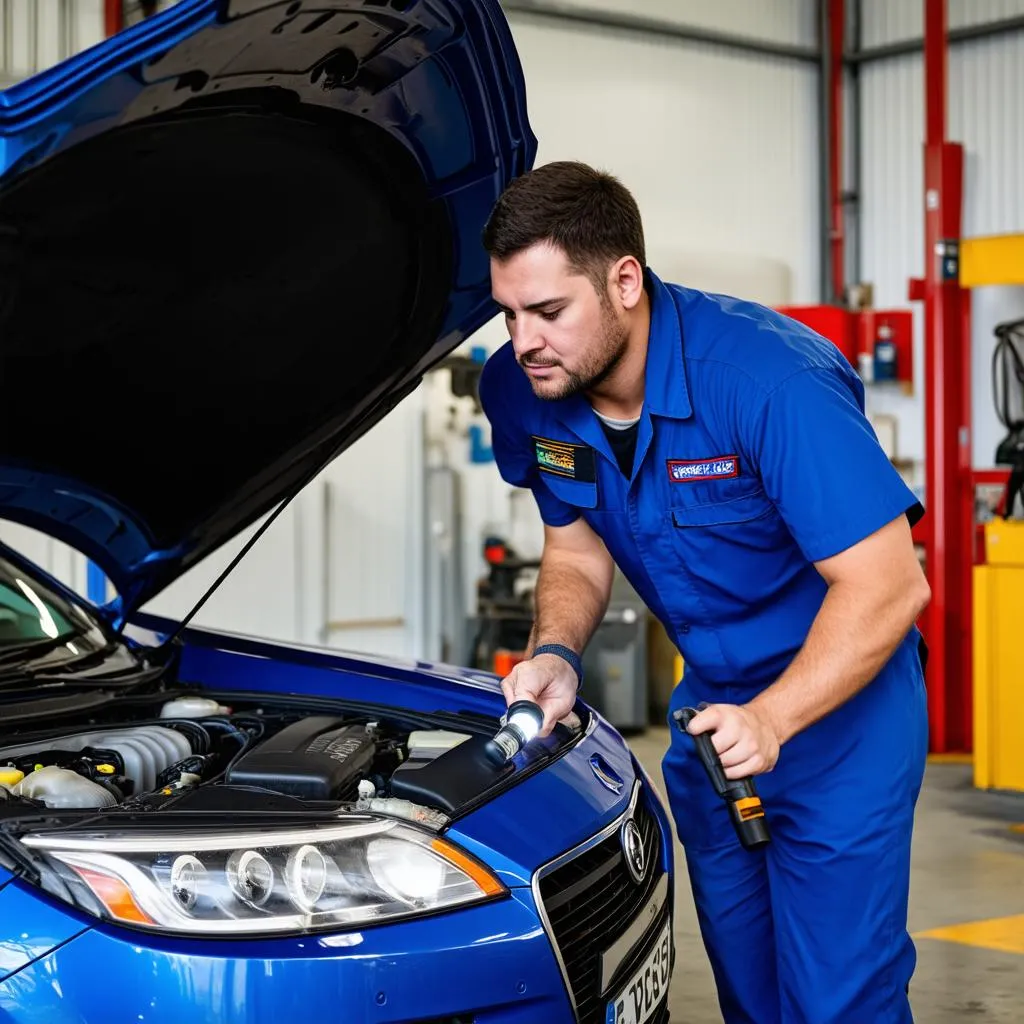 Mécanicien inspectant le moteur d'une voiture