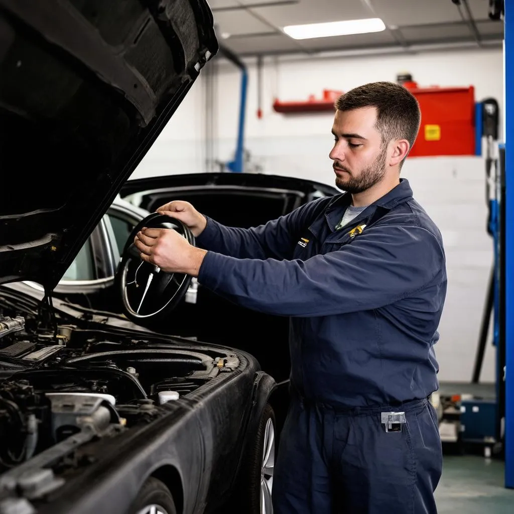 Mécanicien inspectant la direction d'une voiture