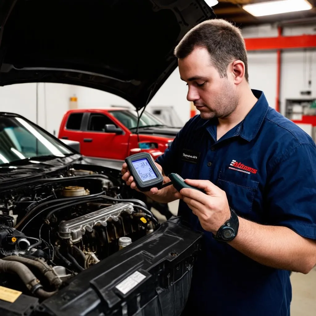 Mechanic inspecting engine