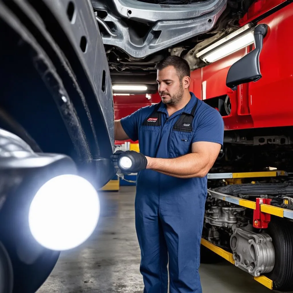 Mechanic Inspecting Truck Transmission