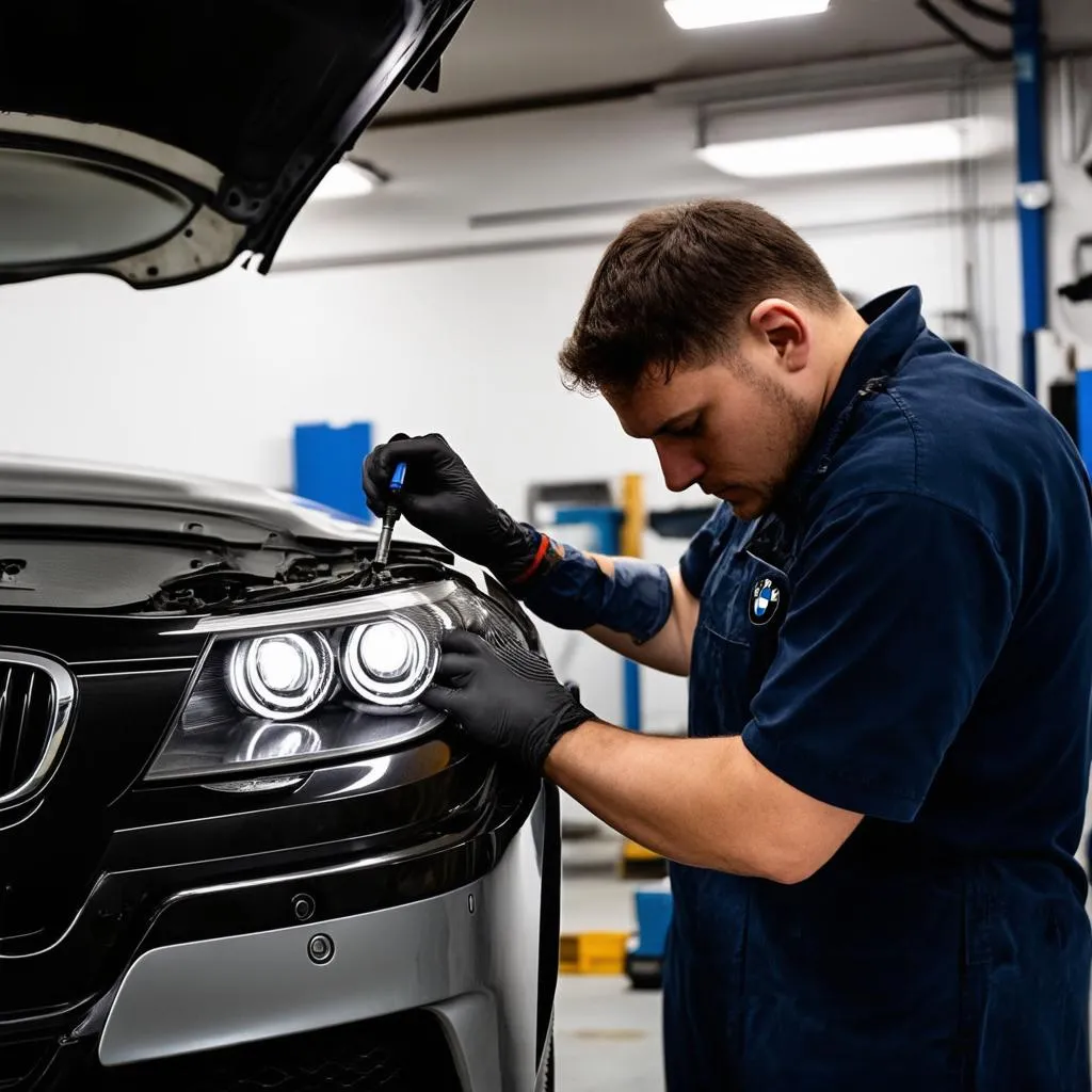 Mechanic installing LCI headlights on a BMW E90