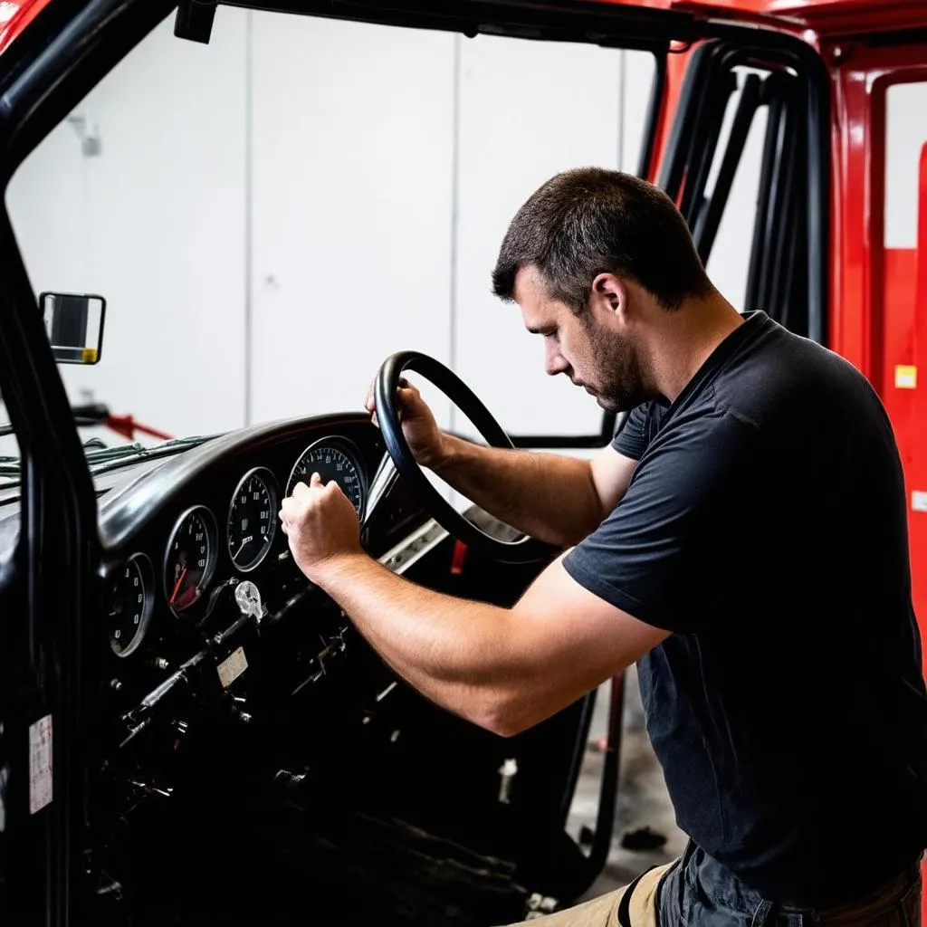 Mécanicien réparant un compteur de vitesse de camion