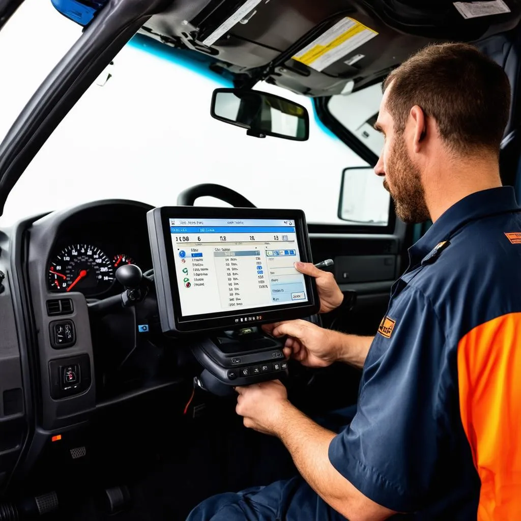 Mécanicien utilisant un logiciel de diagnostic sur un camion