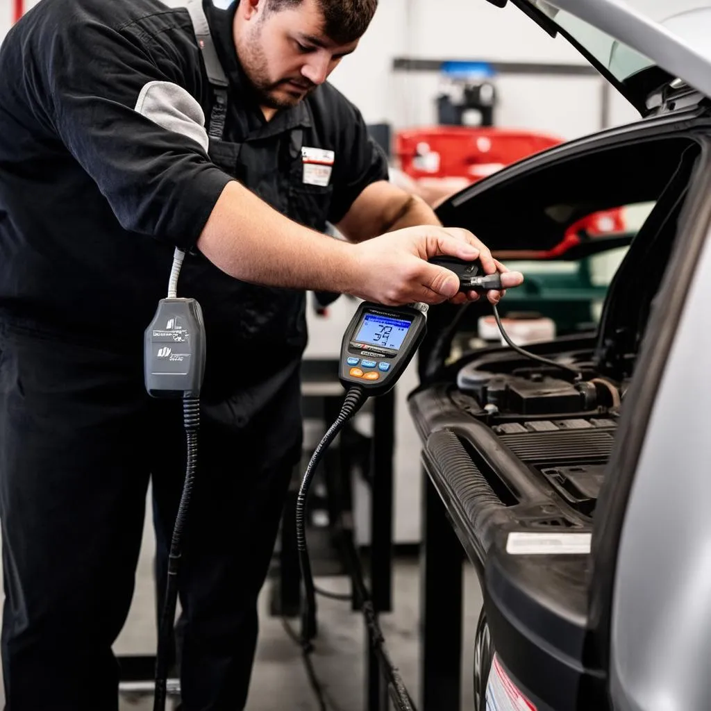 Mechanic using a diagnostic tool