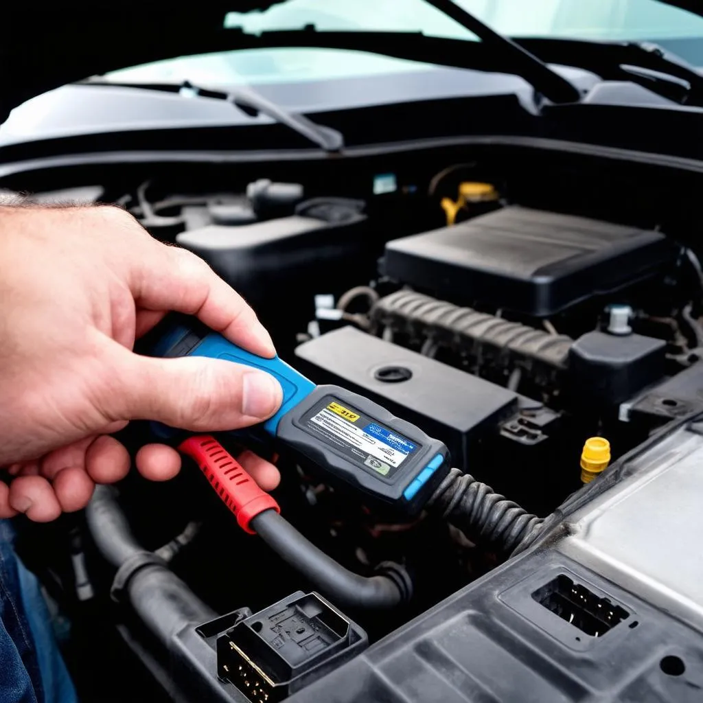 mechanic using a diagnostic tool on a car