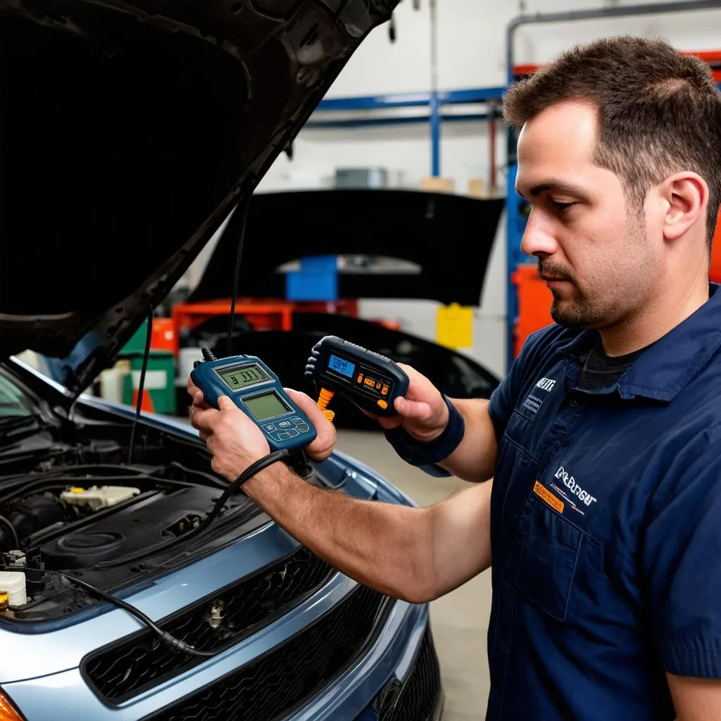 Mechanic using a diagnostic tool on a car