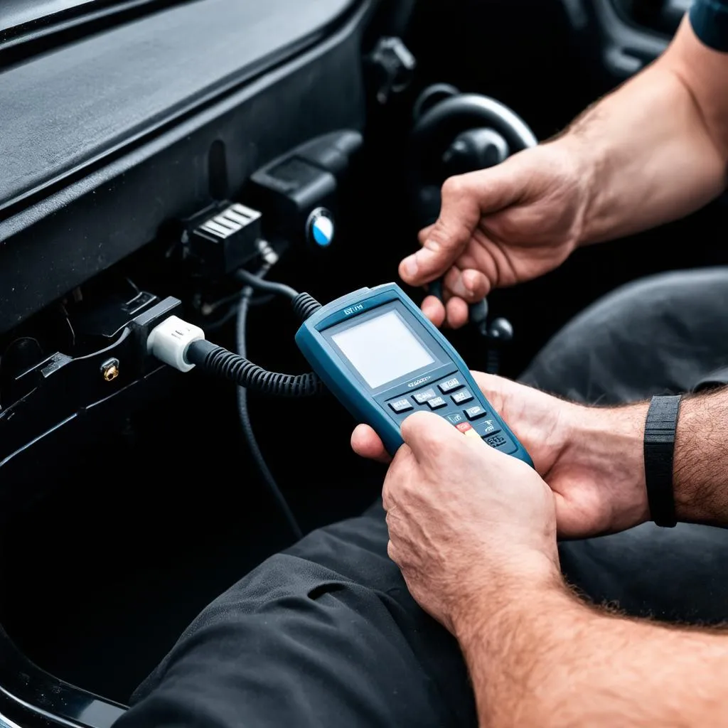 Mécanicien utilisant un outil de diagnostic sur une BMW