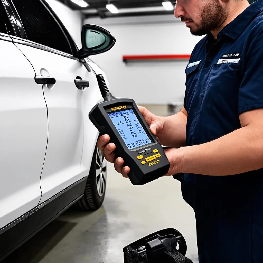 Mécanicien utilisant un outil de diagnostic sur une voiture