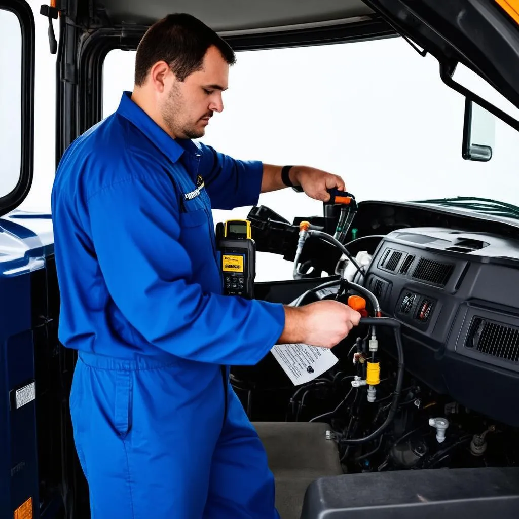 Mécanicien utilisant un outil de diagnostic sur un camion Freightliner