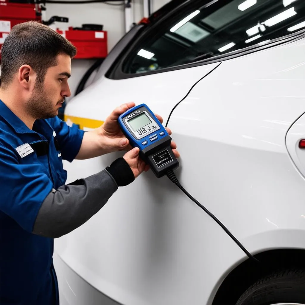 A mechanic using a diagnostic tool on a Volvo car