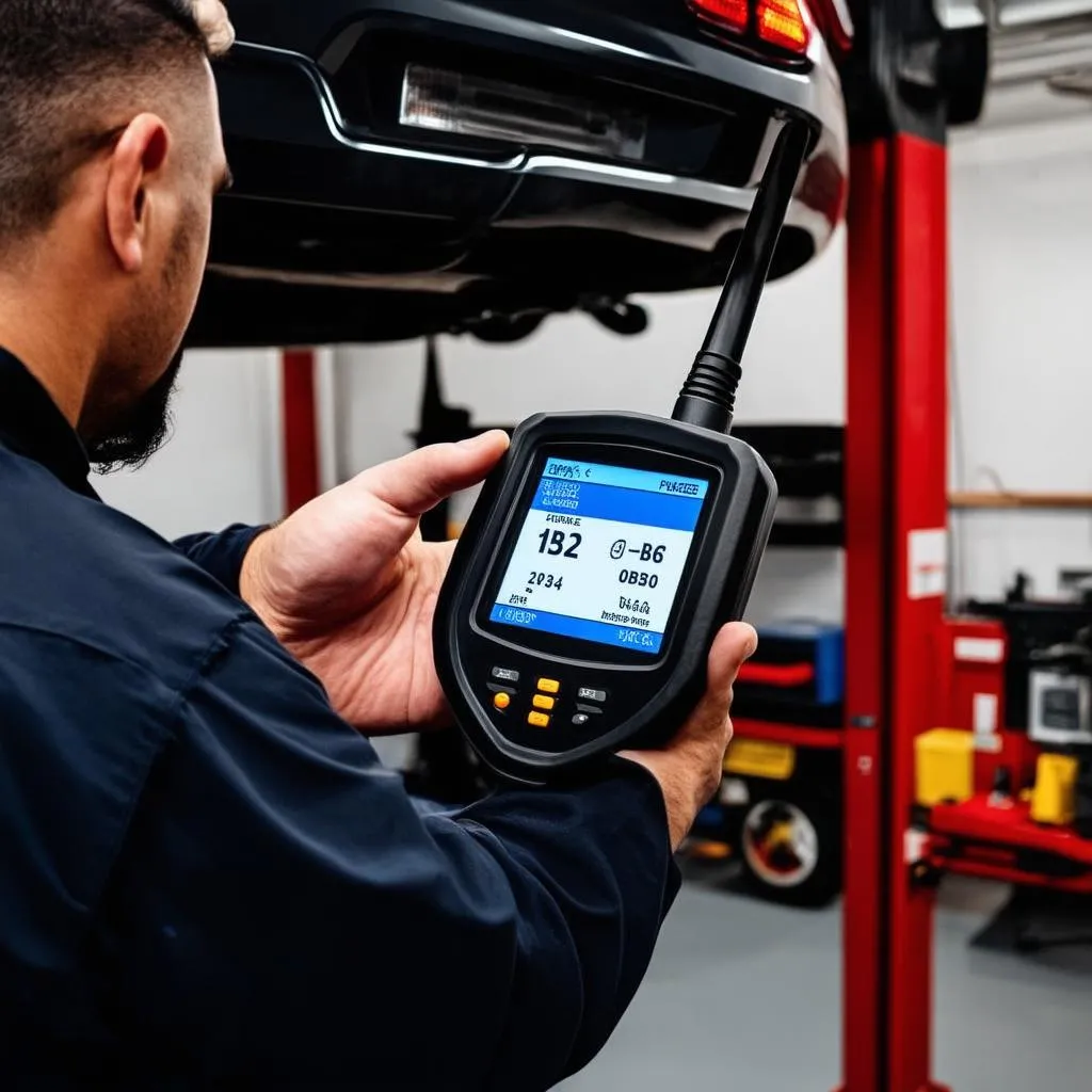 Mechanic using an OBD scanner on a car