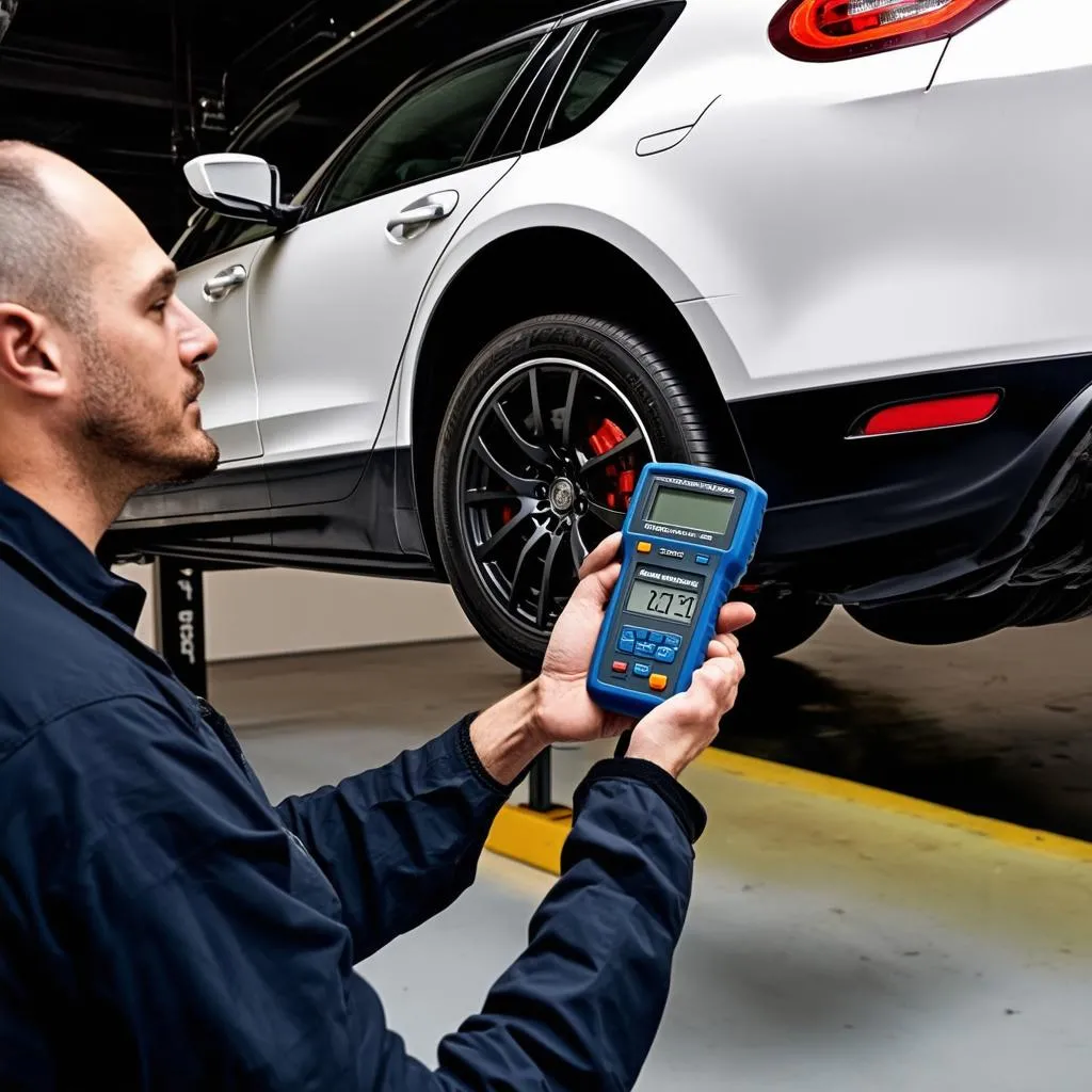 Mechanic using an OBD scanner on a car