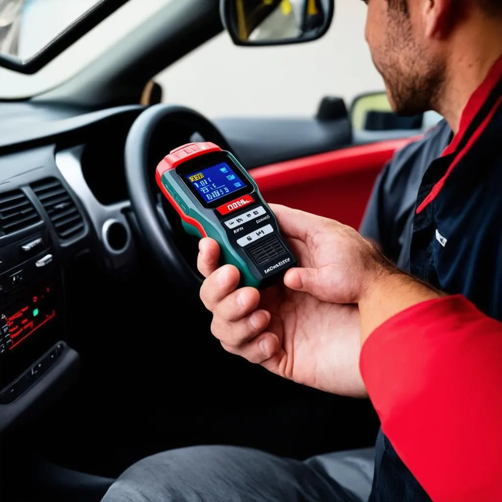 Mechanic using OBD scanner on a car