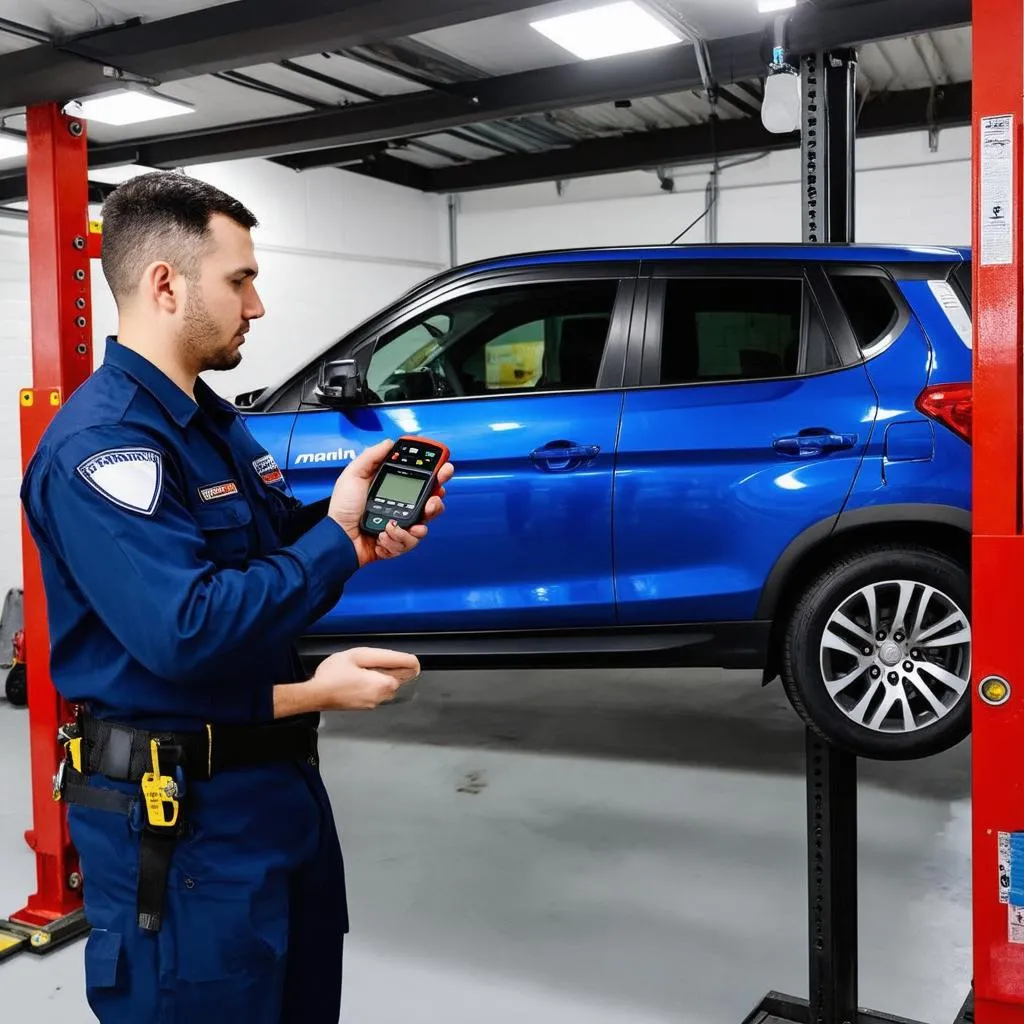 Mechanic using an OBD scanner on a Mahindra car