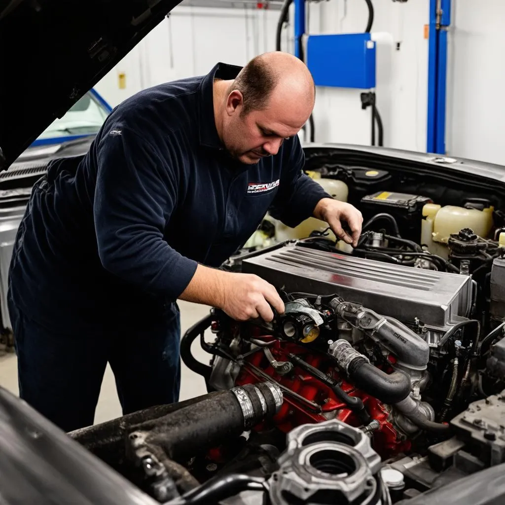 Mécanicien travaillant sur un 8.3 Duramax