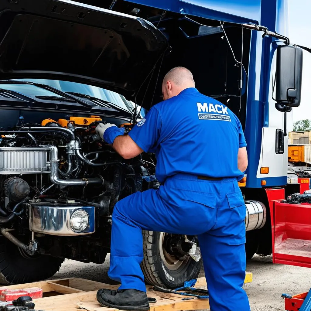 Mécanicien travaillant sur un moteur de camion Mack