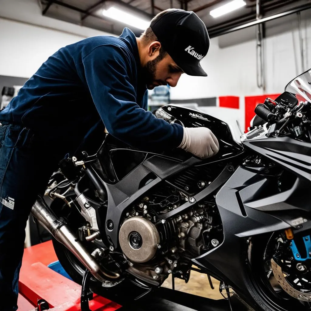 Mechanic working on a ZX-25R engine