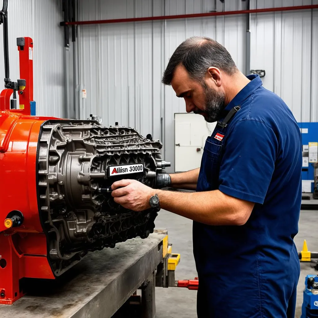 Mechanic Working on Allison Transmission 3000