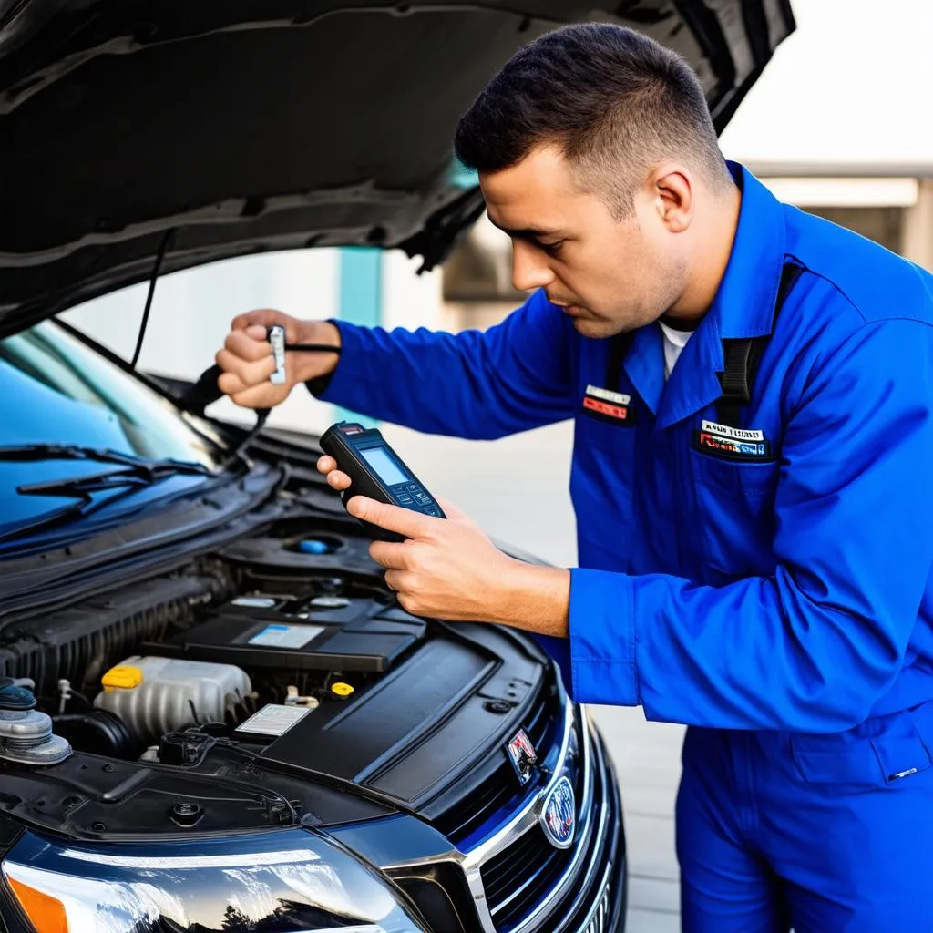 Car mechanic using diagnostic tool