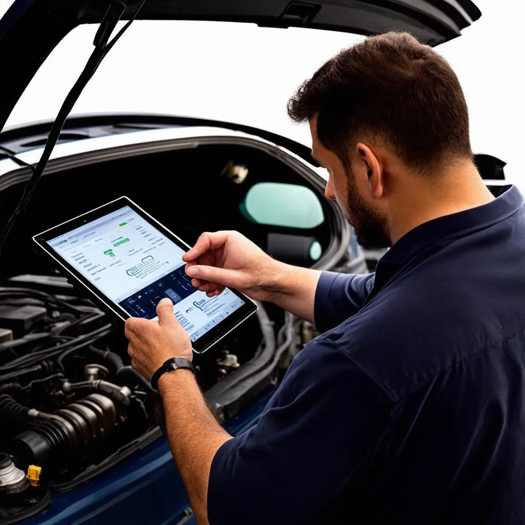 Mécanicien travaillant sur le diagnostic automobile