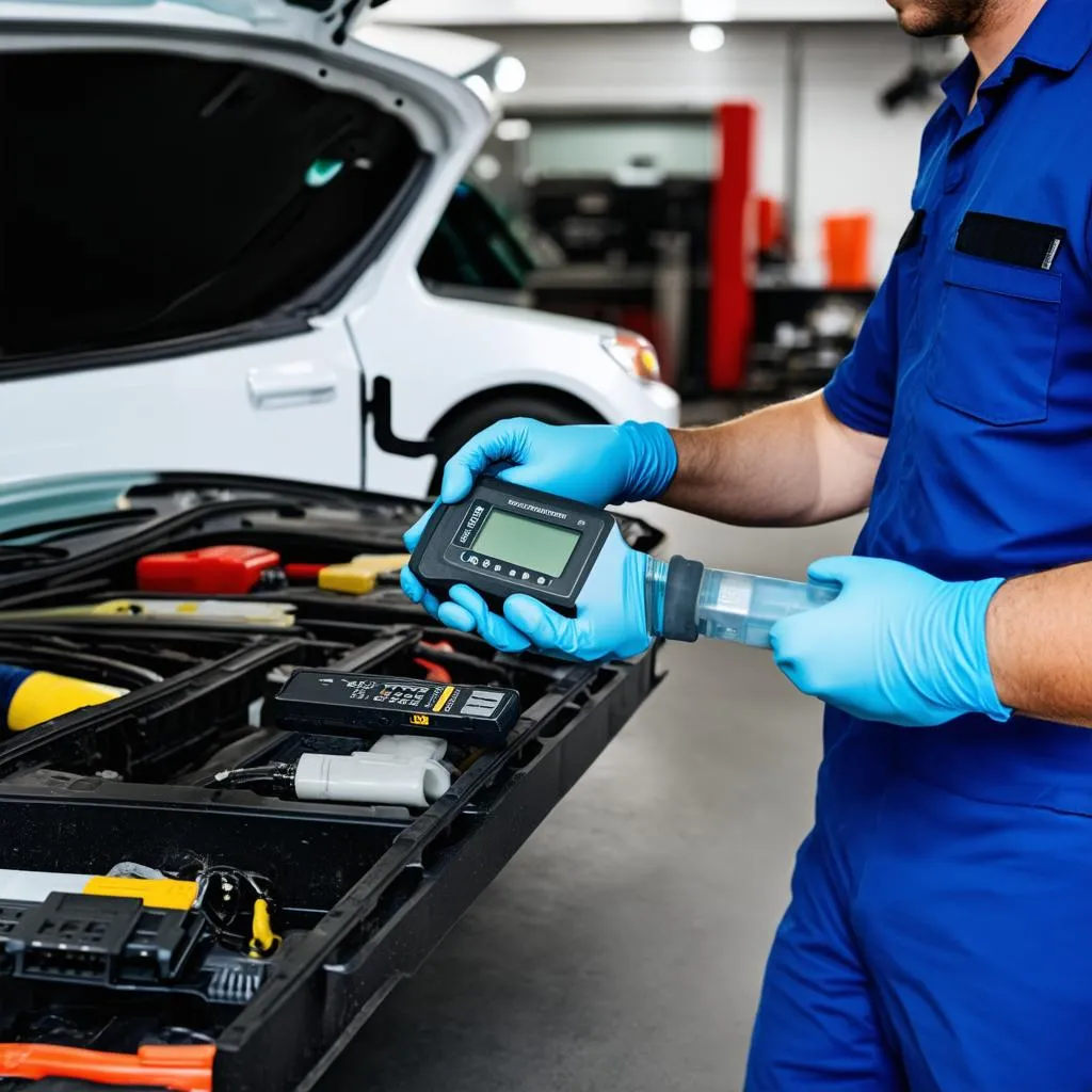 Mechanic working on car diagnostics