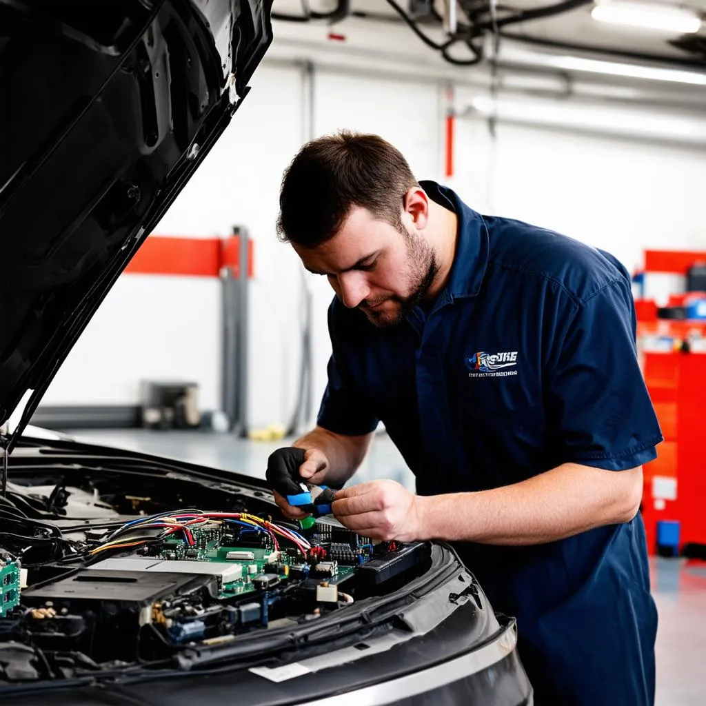 Mécanicien travaillant sur l'électronique d'une voiture