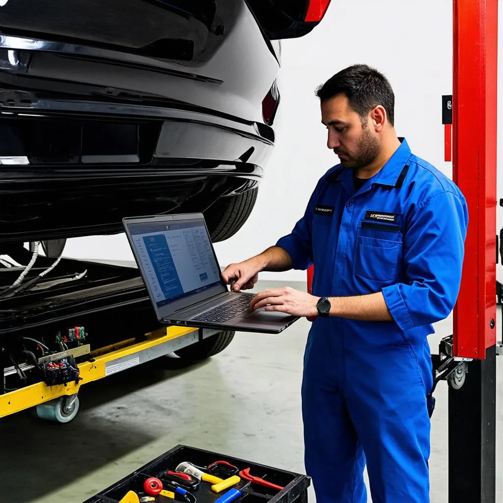 Mechanic working on car electronics with laptop