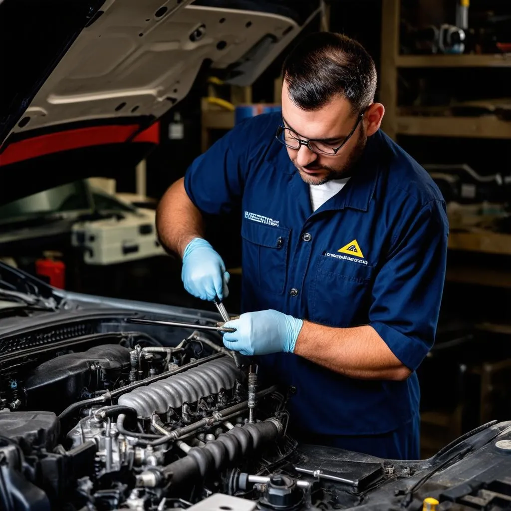 Mécanicien travaillant sur un moteur de voiture