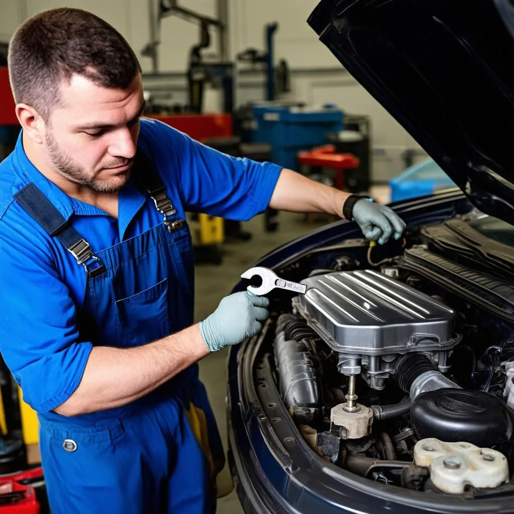 Mécanicien travaillant sur un moteur de voiture