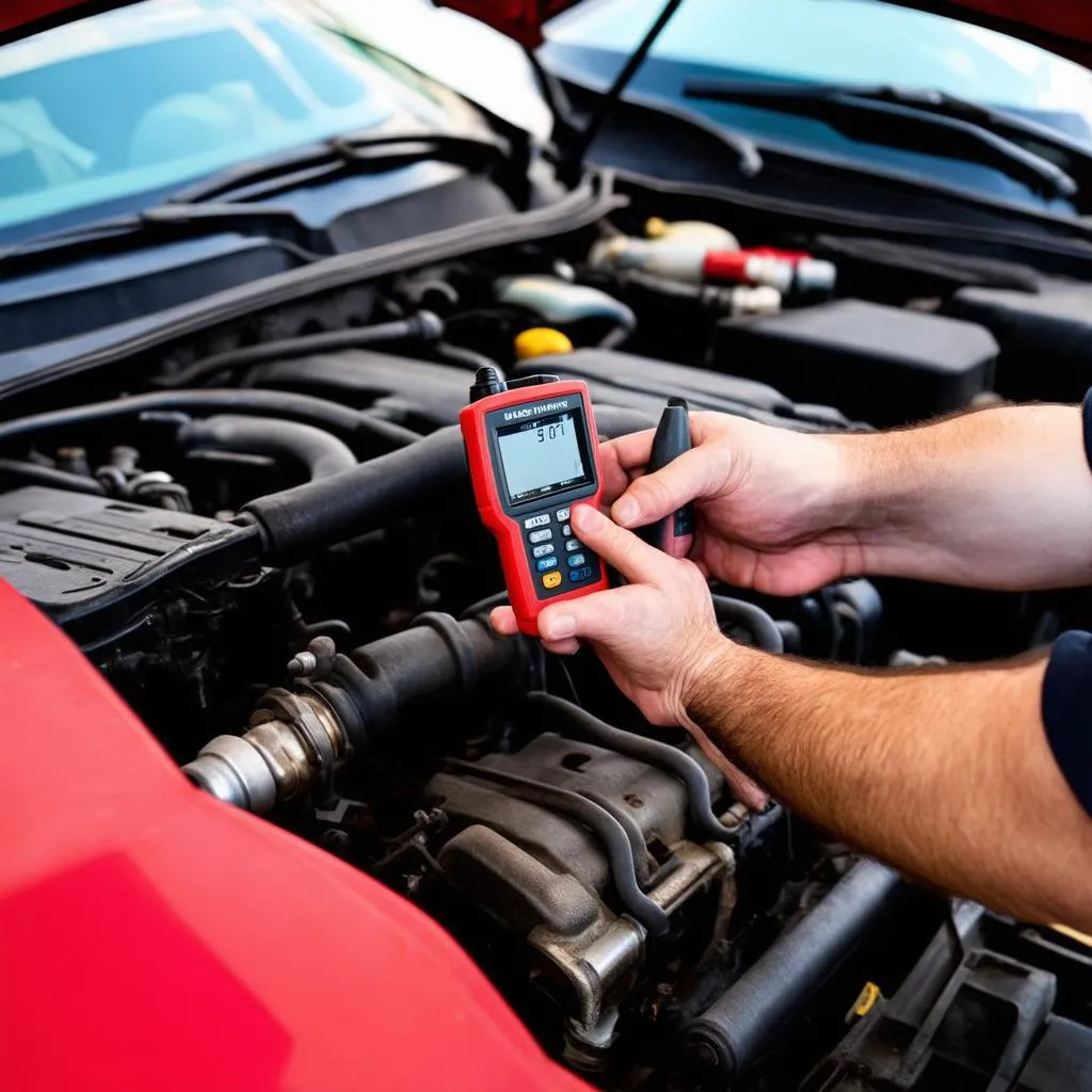 Mécanicien travaillant sur le moteur d'une voiture avec un outil de diagnostic