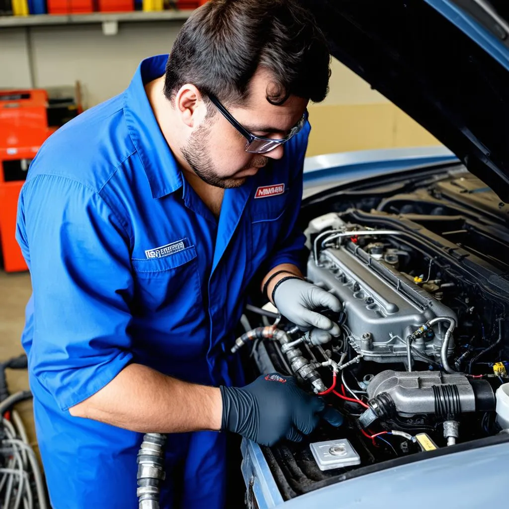 Mécanicien travaillant sur un moteur de voiture