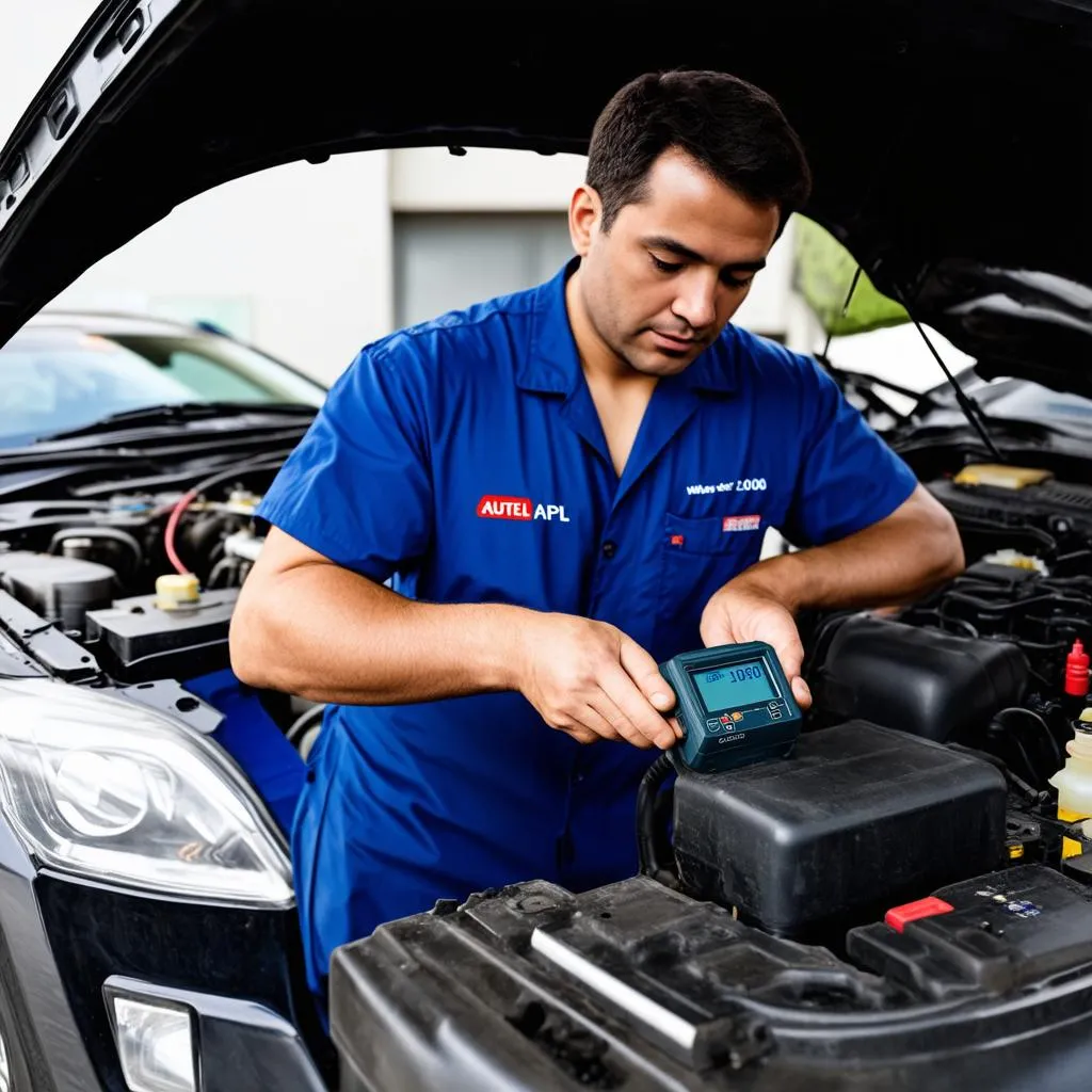 Mechanic working on a car with Autel AP200