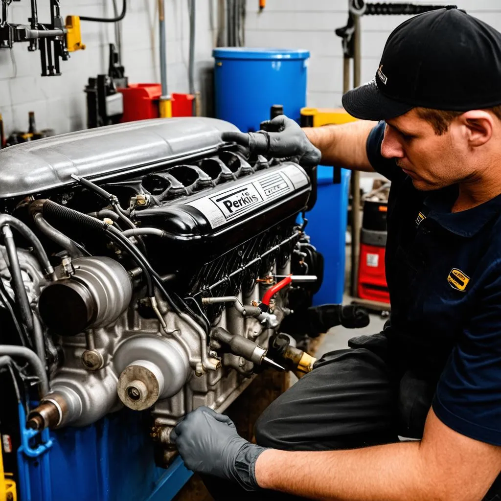 Mécanicien travaillant sur un moteur Perkins