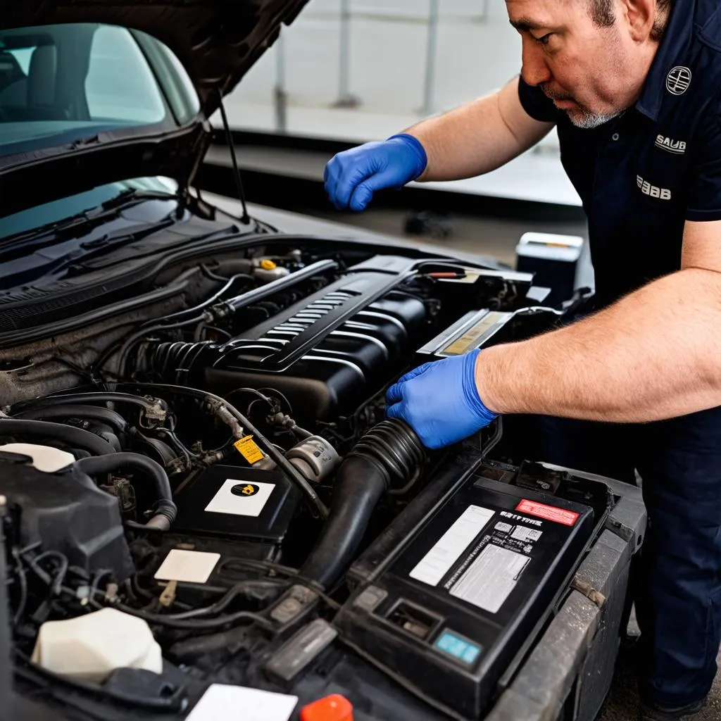 Mechanic Working on Saab Engine