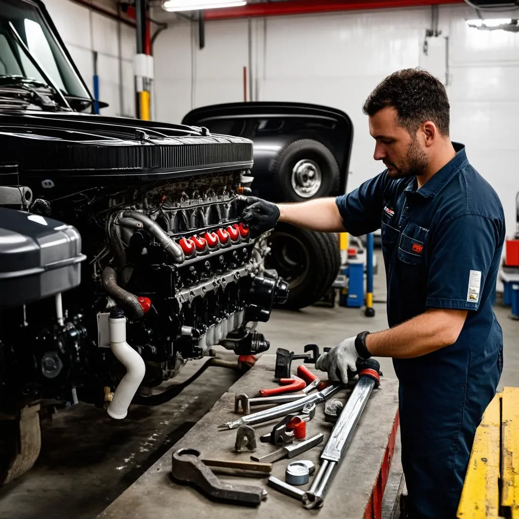 Mechanic Working on Truck Engine