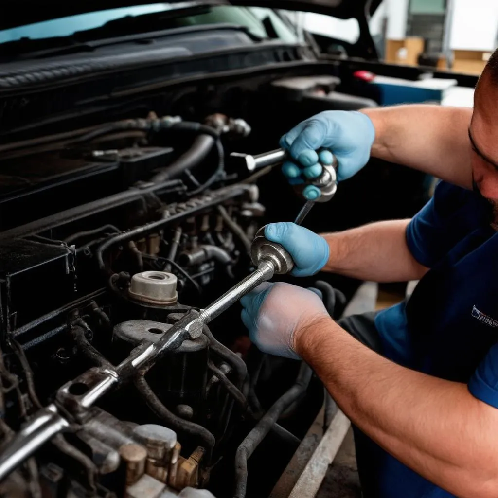 Mécanicien travaillant sur le moteur d'un camion