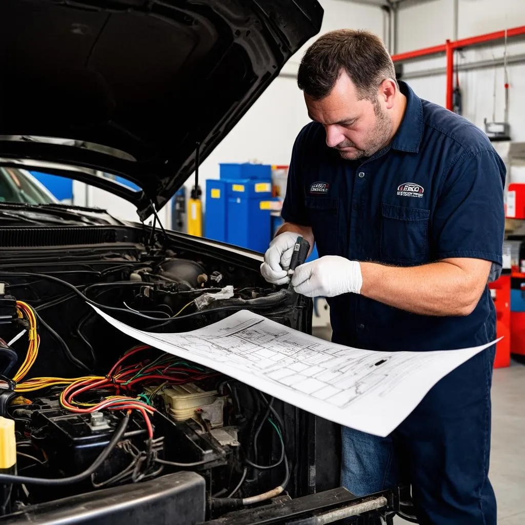 Mechanic Working on Truck Wiring