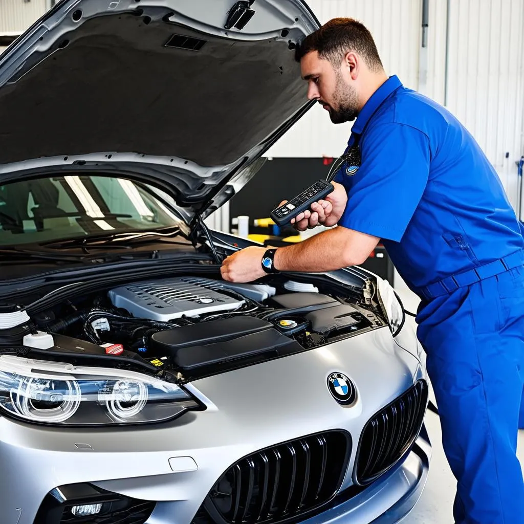 Mechanic diagnosing car with computer