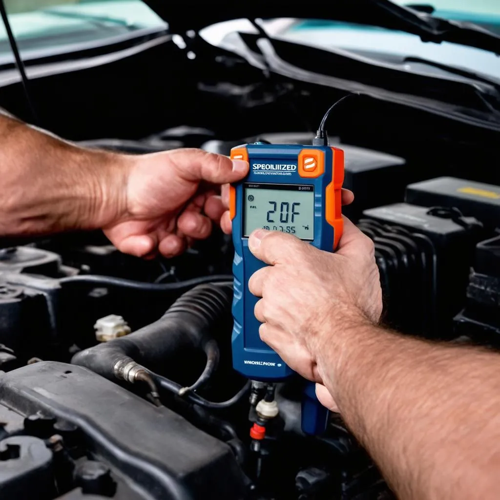 Car mechanic using a diagnostic tool