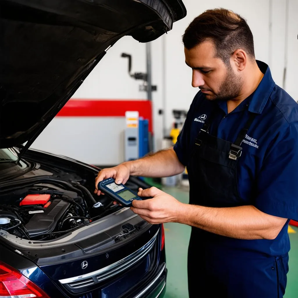 Mécanicien travaillant sur une Mercedes C300