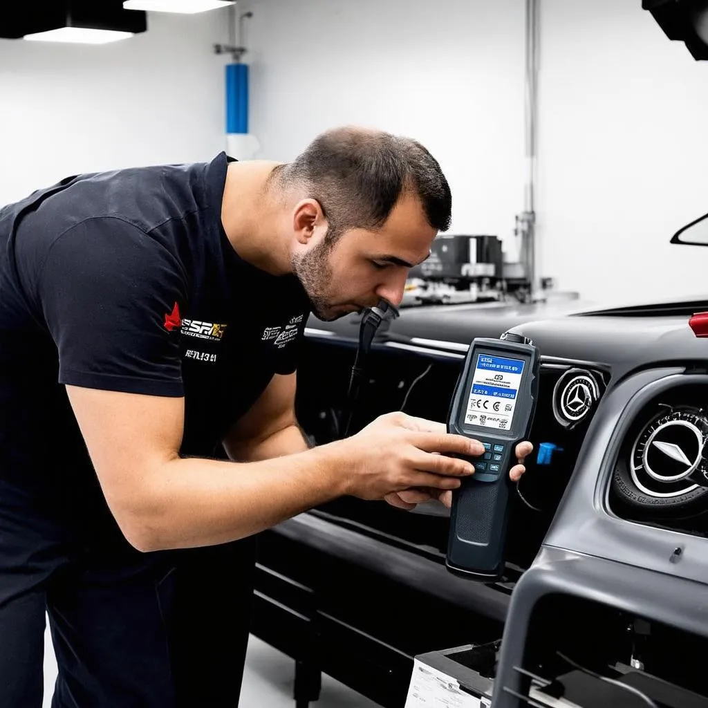 Mercedes mechanic using diagnostic tool