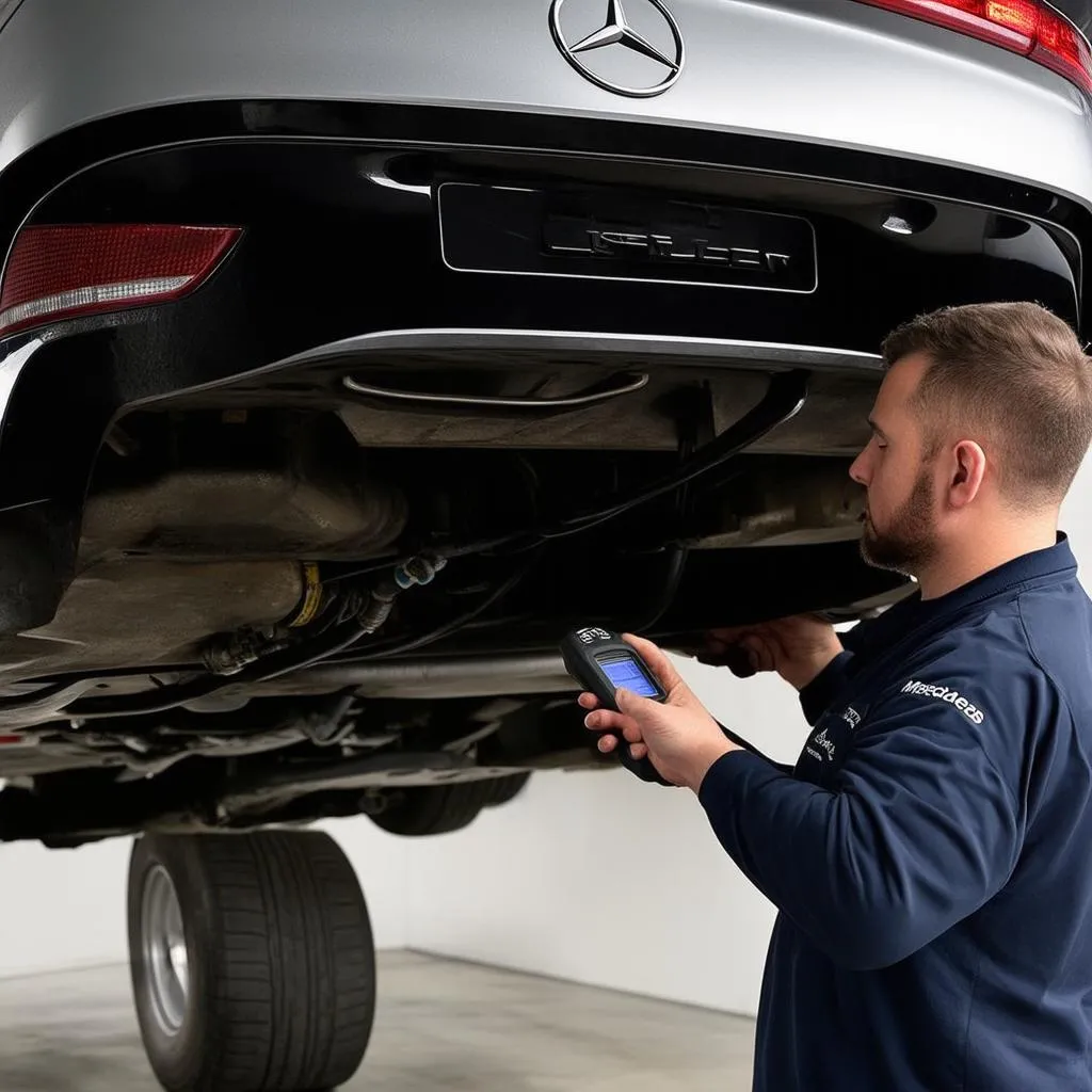 Mechanic checking air suspension on a Mercedes