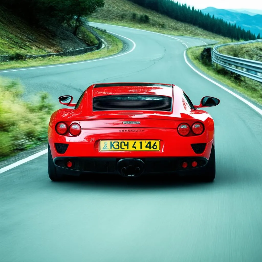 Voiture de sport rouge sur une route de montagne sinueuse.